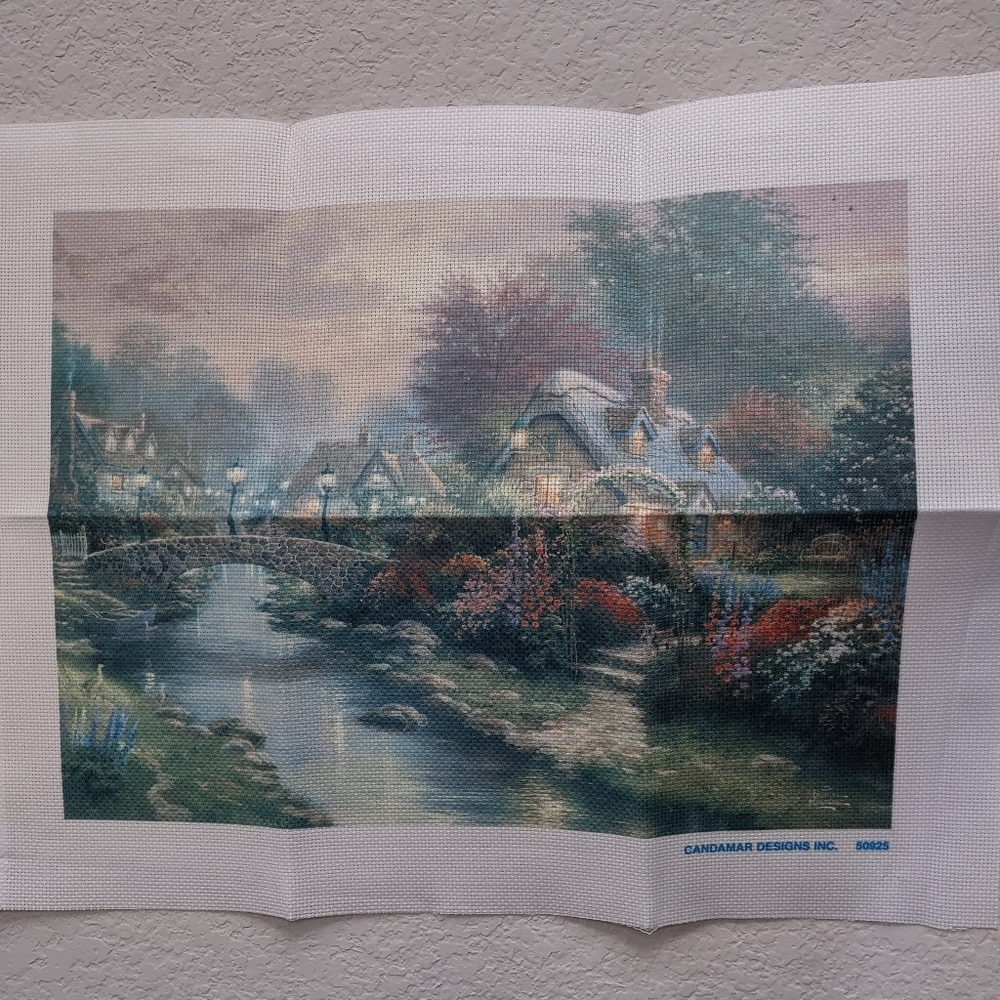 Thomas Kinkade 'Lamplight Bridge' Canvas for embroidery 20"x15" Candamar Designs